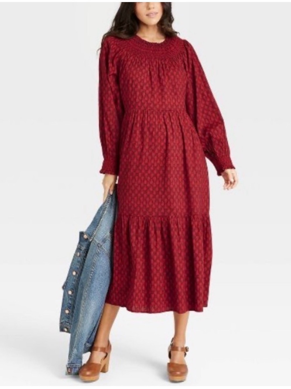 Universal Thread Smocked Yoke Long Sleeve Midi Dress - Burgundy - XL